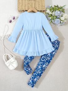 SHEIN Bộ 2 món/Bộ áo thun bo gấu trang trí nơ thường ngày cho bé gái & quần legging họa tiết hoa nhỏ nhắn, mùa thu - Rửa nhẹ - Xem 2