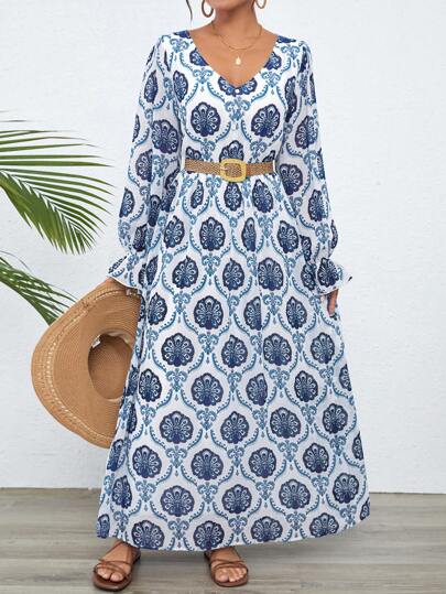 SHEIN LUNE V-Neck Long Sleeve Ethnic Print Long Casual Woven Dress For Women