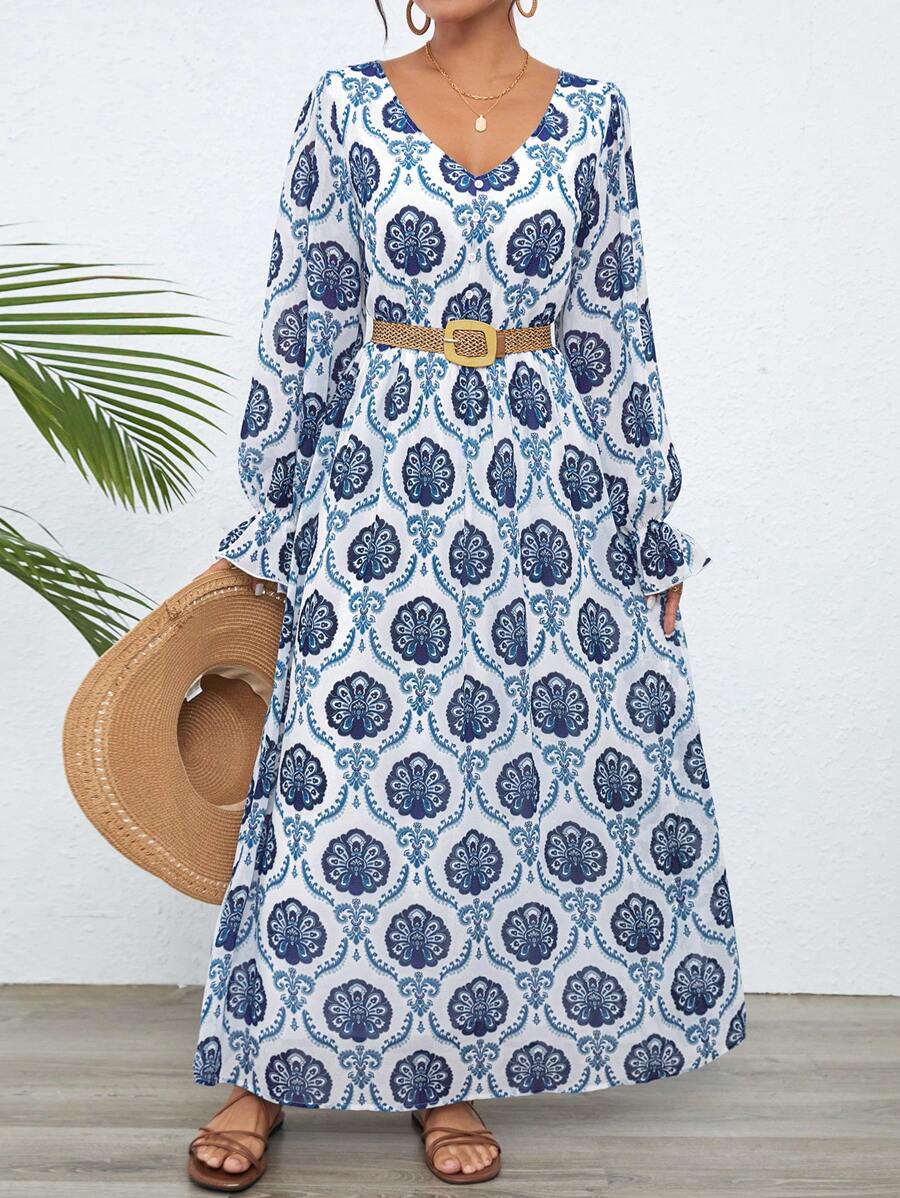 SHEIN LUNE V-Neck Long Sleeve Ethnic Print Long Casual Woven Dress For Women - Blue - View 1