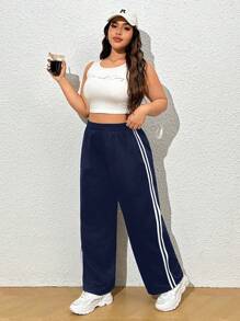 SHEIN EZwear Plus Size Mulheres Cintura Elástica Casual Lateral Listrado Perna Larga Calças de Moletom Soltas