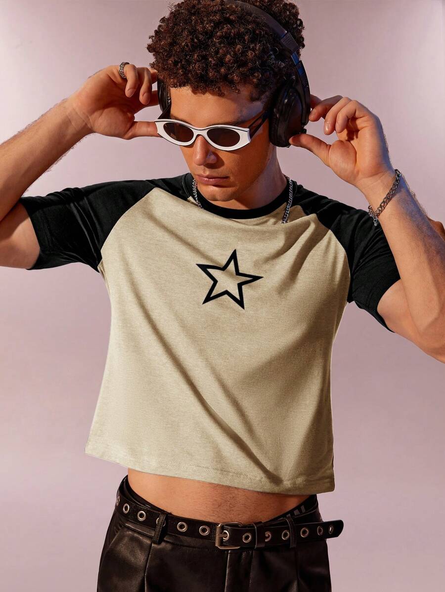 Manfinity Hypemode Camiseta casual de manga corta de cuello redondo tipo raglan con estampado de estrella de cinco puntas y color contrastante para hombres