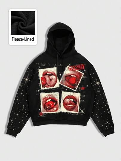 Street Life Men's Fashionable Street Style Mouth Print Thermal Lined Drawstring Hooded Sweatshirt