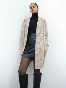 Maija Urban Elegant Casual Outdoor Retro Women Camel Color Cable Long Knit Cardigan, Autumn/Winter New Arrival