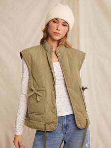 WESTFADE Spring Bow Pockets Quilted Puffer Vest Top Nashville Outfits - Army Green - View 5