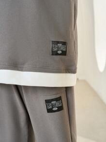 SHEIN Leap Crew 男大童字母圖案假兩入組T恤和運動褲 - 灰色 - 查看 3