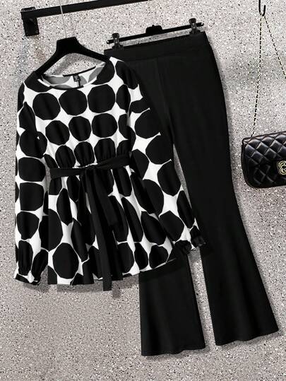 DreamSkyne 2pcs Plus Size Autumn Casual Polka Dot Print Long Sleeve Top And Solid Color Flared Pants Set