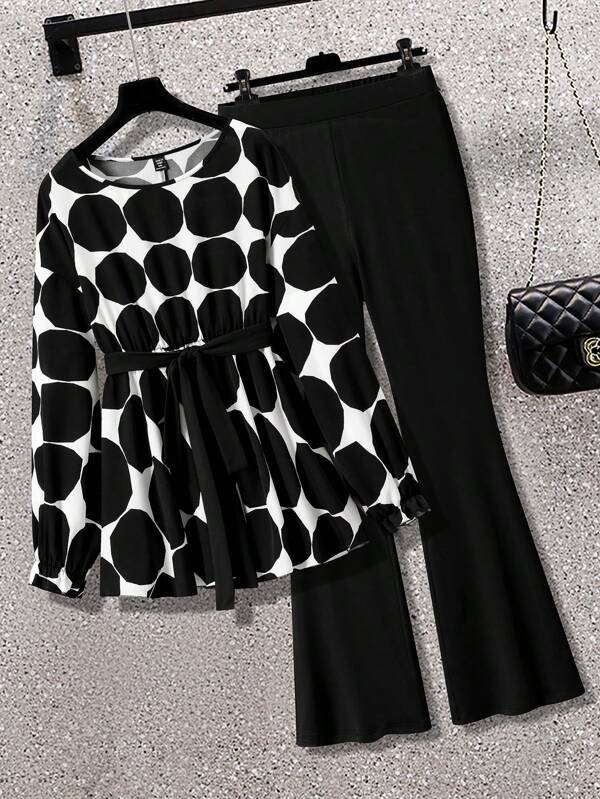 DreamSkyne 2pcs Plus Size Autumn Casual Polka Dot Print Long Sleeve Top And Solid Color Flared Pants Set