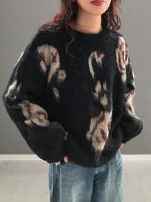 FRIFUL Women Crew Neck Long Sleeve Pattern Detail Casual Loose Knit Sweater,Fall Women Clothes