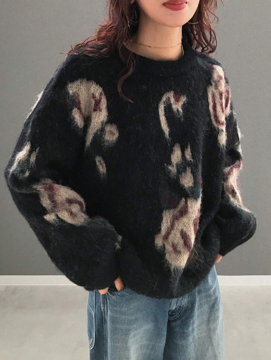 FRIFUL Women Crew Neck Long Sleeve Pattern Detail Casual Loose Knit Sweater,Fall Women Clothes