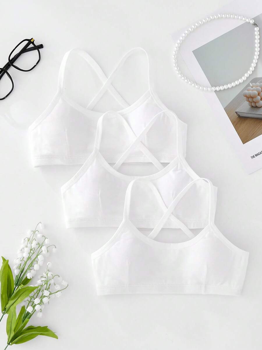 SHEIN Tween Girls 3pcs Set Simple & Comfortable Padded Criss-Cross Strap Breathable Active Leisure Racerback Bra Underwear