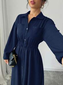 Elenzga 女士纯色前扣腰部收腰休闲长袖连衣裙 - 藏蓝色 - 查看 6