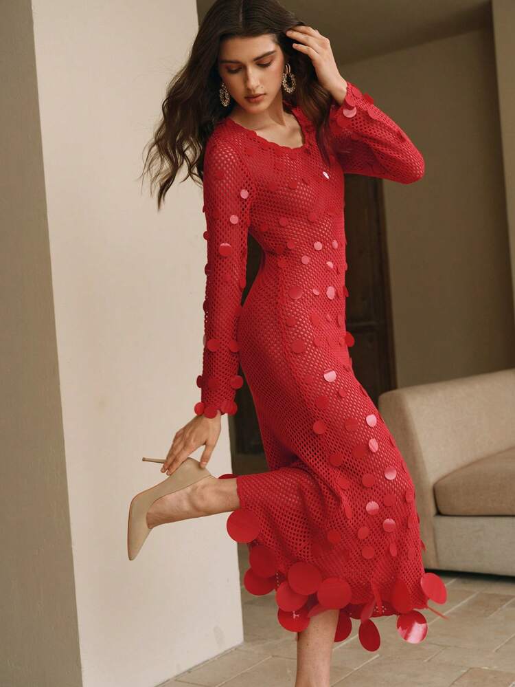 Women's Red Sequined Crochet Long-Sleeve Dress For New Year Clothes For Summer Beach Vacation