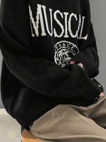 FRIFUL 女士休闲字母印花落肩宽松毛衣，秋冬季，长袖上衣