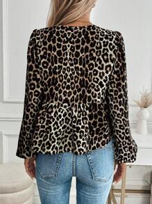 SHEIN PETITE Casual Leopard Print Button Up Tie Waist Ruffle Hem Shirt For Women, Autumn/Winter Peplum Top Fall Cloth For Women