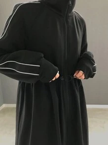 FRIFUL 女式撞色拼接长袖休闲中长连衣裙，秋季连衣裙 - 黑色 - 查看 7