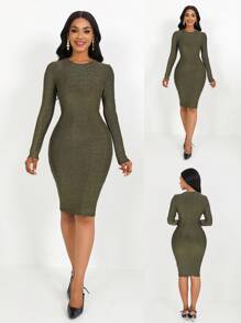 SHEIN Clasi 1pc Women Commuting Simple Elegant Fitted Dress For New Year Holiday Party Clothes Fall Cloth For Women - Gold - View 3