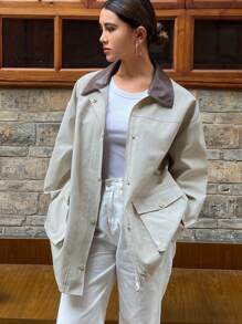 DAZY Women Regular Fit Contrast Color PU Collar Loose Jacket Fall,Winter Women Coats - Grey - View 6