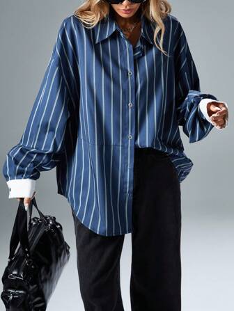 Aveloria Affinna Casual Vintage Random Color Block Striped Cuff Design Loose Shirts With Shirt Collar For Women Button Up Shirt Women ,Long Sleeve Tops Fall Cloth For Women