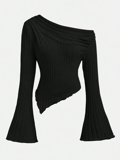 SHEIN Girlism 青少年女孩纯色斜领褶皱长袖不对称下摆罗纹针织优雅休闲通勤修身上衣 T 恤，秋冬