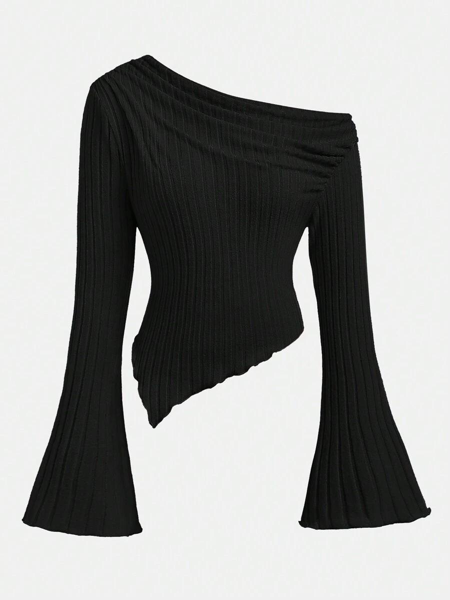 SHEIN Girlism 青少年女孩纯色斜领褶皱长袖不对称下摆罗纹针织优雅休闲通勤修身上衣 T 恤，秋冬