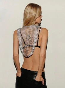 SHEIN X Scot Louie EgrlEra Áo hở vai đính đá Rhinestone trang trí giản dị cho nữ Y2K - Xám - Xem 2