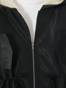 SHEIN Leap Crew Tween Girls Loose Casual Cinched Waist Solid Color Hoodie Coat, Versatile & Thermal Lined, Long Sleeve - Black - View 4