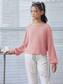 SHEIN Leap Crew Tween Girls Loose Retro Short Crew Neck Ribbed Long Sleeve T-Shirt - Dusty Pink - View 3