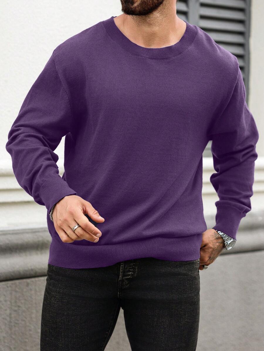 Manfinity CityGents Pull en tricot décontracté à col ras du cou à manches longues de couleur unie grande taille pour hommes, automne/hiver - Prune - Voir 1