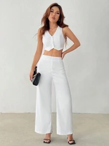 SHEIN PETITE 女款純色極簡 7/9 分長褲，休閒日常穿著，適合嬌小女性 - 白色 - 查看 4