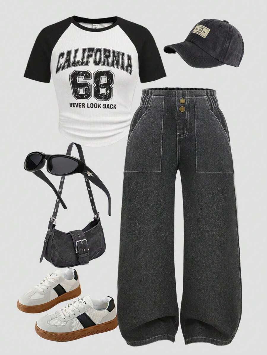 青少年女孩休闲波西米亚风假日平装腰部扁平口袋宽腿牛仔裤，女孩日常 OOTD 服装