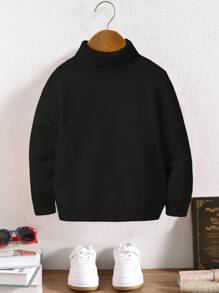SHEIN 兒童 1件 小男孩休閒舒適純色百搭寬鬆高領秋季毛衣，可作為內搭或外套穿著 - 黑色 - 查看 9