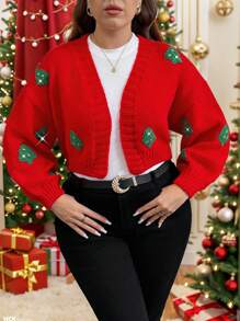 SHEIN Privé 大码女式红色圣诞/新年舒适保暖长袖开衫，秋冬款 - 紅色 - 查看 4