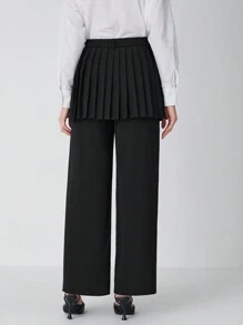 Enchnt Women's Black Solid Color Commuting Casual / Fashionable Outing / Versatile / Women's Elegant Black Solid Color Patchwork Pleated Skirt Culottes Wide Leg Loose Pants, Suitable For Winter, New Years Clothes, Elegant Women Pants,For Christmas Party&Romantic Dinner Dates - Black - View 5