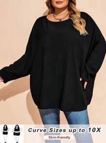 SHEIN CURVE+ Blusa de cuello redondo de unicolor con mangas tipo murciélago anchas para mujer de talla grande, otoño/invierno