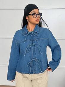 SHEIN EZwear Chaqueta vaquera de manga larga con detalle de lazo, azul, talla grande