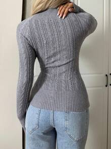 SHEIN EZwear Jersey de cuello en V de punto de cable de unicolor, de manga larga, versátil y casual