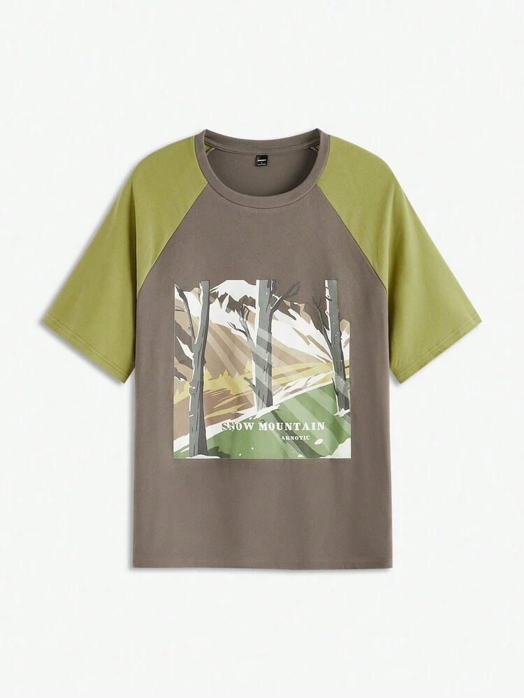 Men Loose Fit Graphic Printed Knit Urban Short Sleeve T-Shirt With Contrast Color Raglan Sleeves, Suitable For Everyday Wear, Old Money, Boyfriend Gift