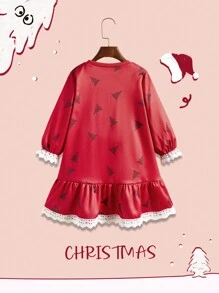 1pc Young Girl Christmas Tree Print Round Neck Long Sleeve Loose Smock Dress, Autumn - Pink - View 2