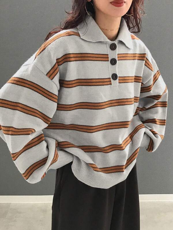 FRIFUL Women Casual Loose Drop Shoulder Colorblock Striped Sweater, Autumn/Winter,Fall Women Clothes