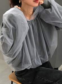 FRIFUL Women's Autumn Mesh Splice Drop Shoulder Loose Hoodie Pullover,Ruffle Sweatshirt - Grey - View 7