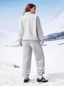 SHEIN EZwear Women's Winter Couple Same Style Daily Wear Basic With Fleece Keep Warm Sweatshirt And Joggers,2pcs Clothes Set - Grey - View 2