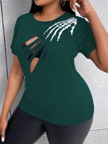 SHEIN Unity Plus Size Fashion Sexy Skull Print Hollow Out T-Shirt - Dark Green - View 5