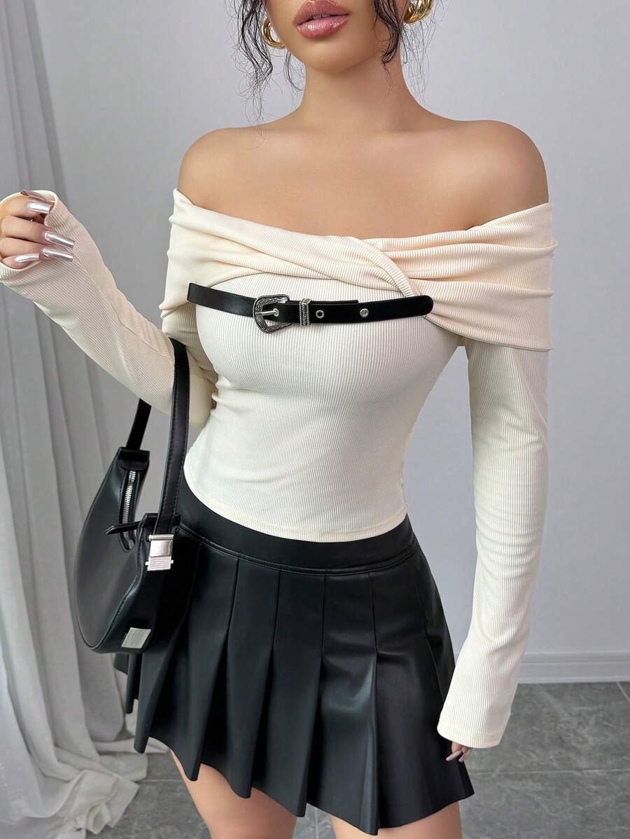 Chiquease Blouse élastique à encolure dégagée et col pour femmes, automne - Nude - Voir 1