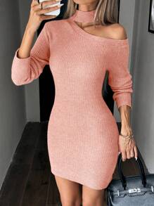 SHEIN Clasi 女式挂脖式半高领长袖毛衣连衣裙 - 粉色 - 查看 5