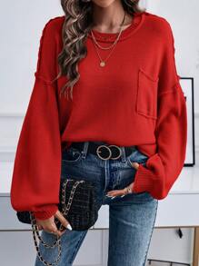 SHEIN Unity Women Solid Color Pocket Round Neck Drop Shoulder Long Sleeve Casual Sweater, Autumn/Winter For New Year Knit Pullover Fall - Red - View 6