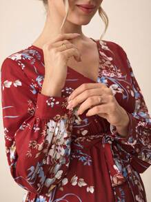 SHEIN Maternity Floral Print Long Sleeve Tie Waist Dress