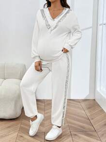 SHEIN Maternity Contrast Sequin Drop Shoulder Sweatshirt & Sweatpants - White - View 6