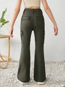 SHEIN 少女Y2K春夏高腰翻盖口袋侧喇叭裤工装牛仔裤，适合女孩夏季音乐会 - 軍綠色 - 查看 2