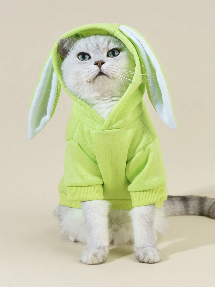 PETSIN 纯色拼布兔耳设计宠物连帽衫，休闲宠物用品 - 綠色 - 查看 1