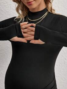 SHEIN Autumn/Winter Pregnant Women Mock Neck Solid Color Long Sleeve Basic T-Shirt, Black Bottoming Tee - Black - View 3
